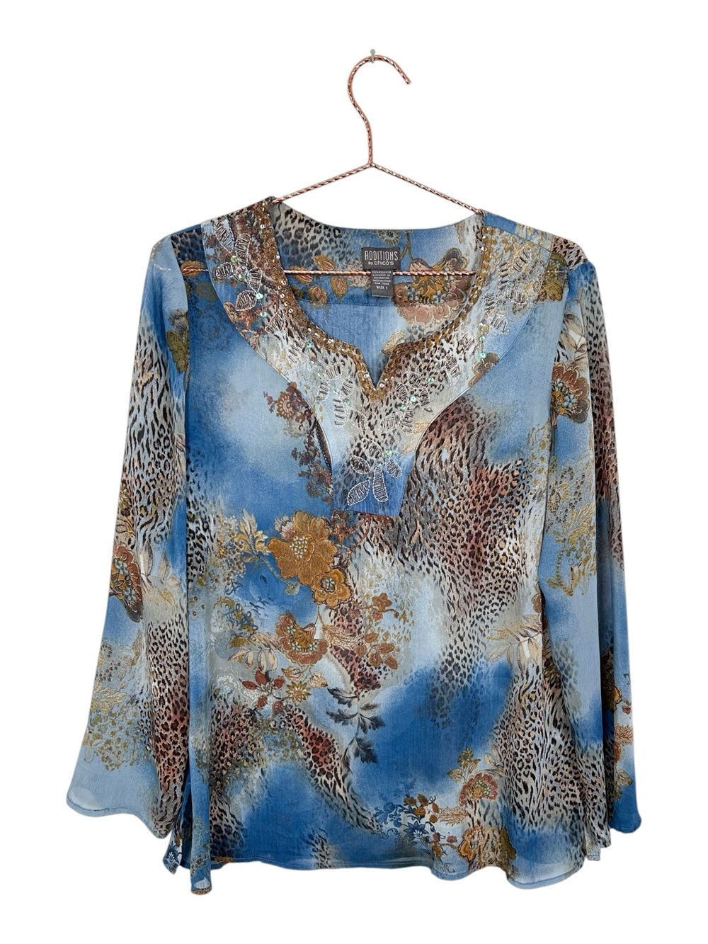 Chico’s Sheer Blue Printed Beaded V-Neck Blouse - Picture 1 of 6